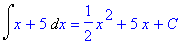 Int(x+5,x) = 1/2*x^2+5*x+C