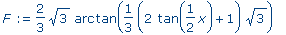 F := 2/3*sqrt(3)*arctan(1/3*(2*tan(1/2*x)+1)*sqrt(3...