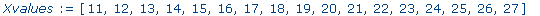 Xvalues := [11, 12, 13, 14, 15, 16, 17, 18, 19, 20,...